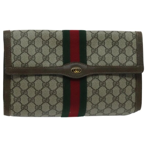 GUCCI GG Supreme Web Sherry Line Clutch Bag PVC Beige - Picture 1 of 14
